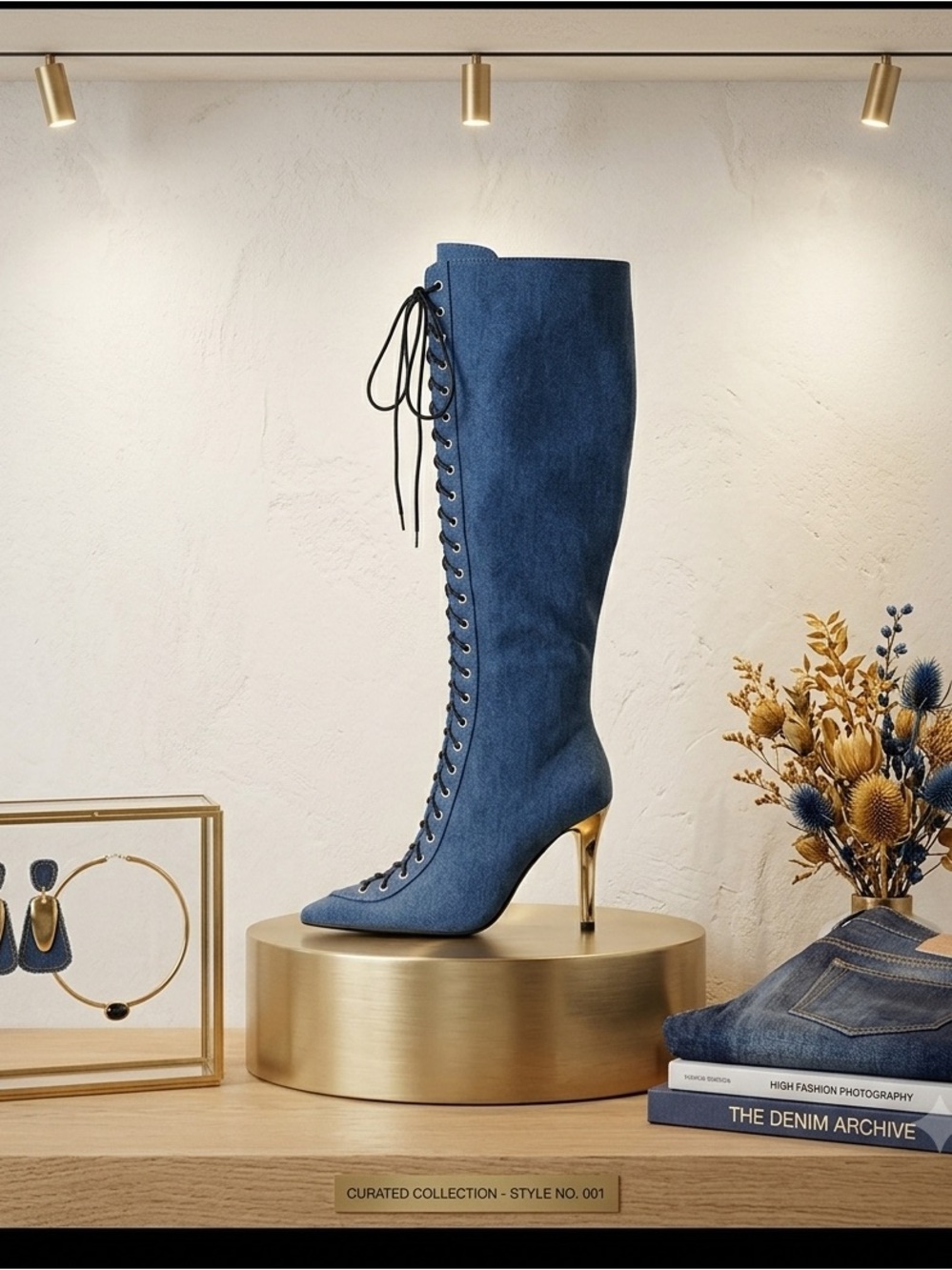 Chic Navy Lace-Up Heeled Boots